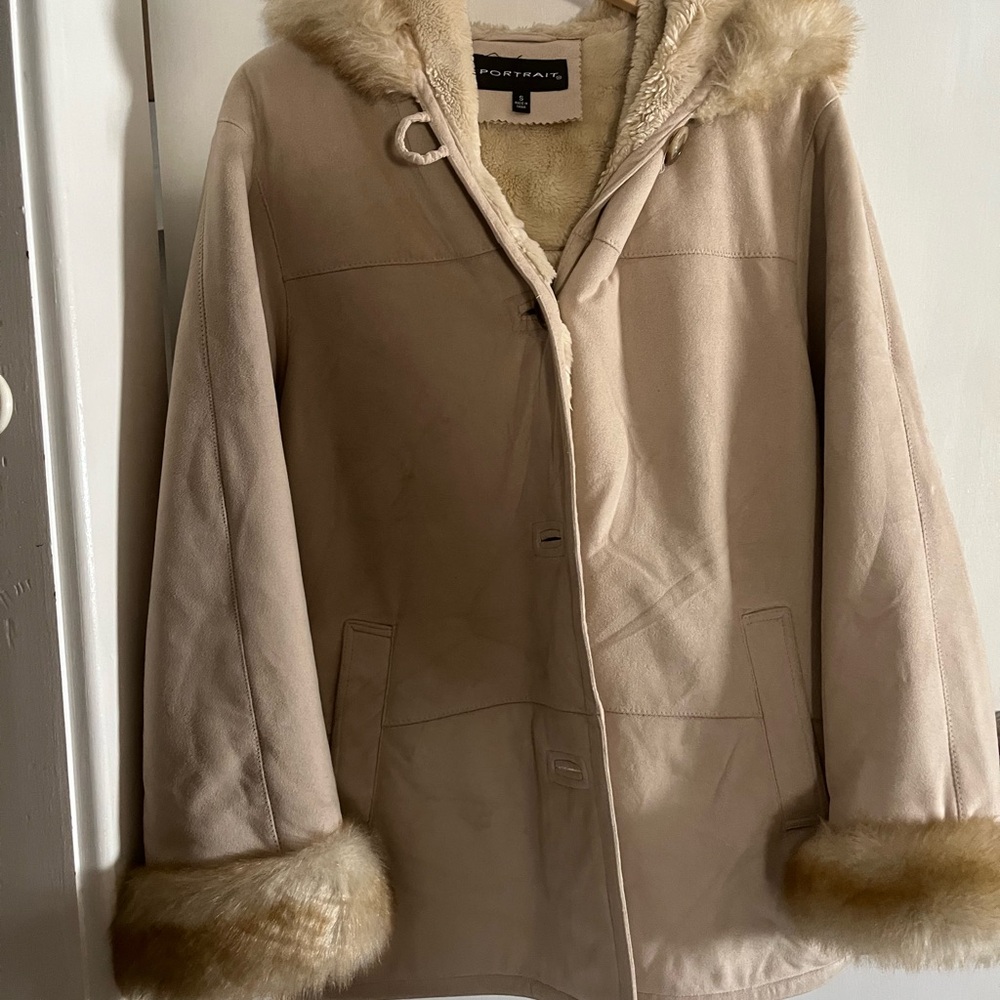 Self-Portrait Cream Teddy Jacket with Fur Trim